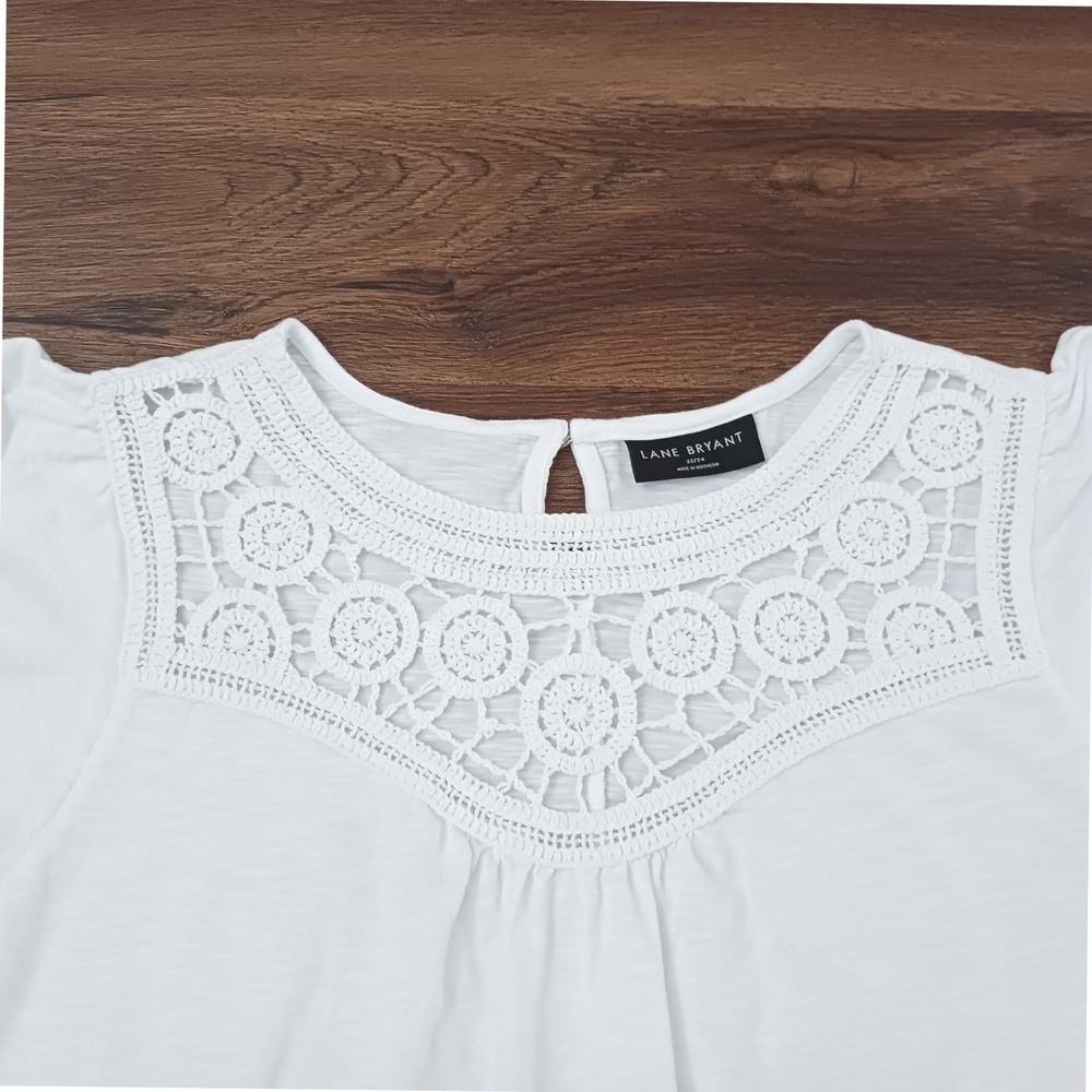 Lane Bryant White Crochet Lace Yoke Top Short Sleeve Cotton Modal Blouse 22/24 - Picture 2 of 6